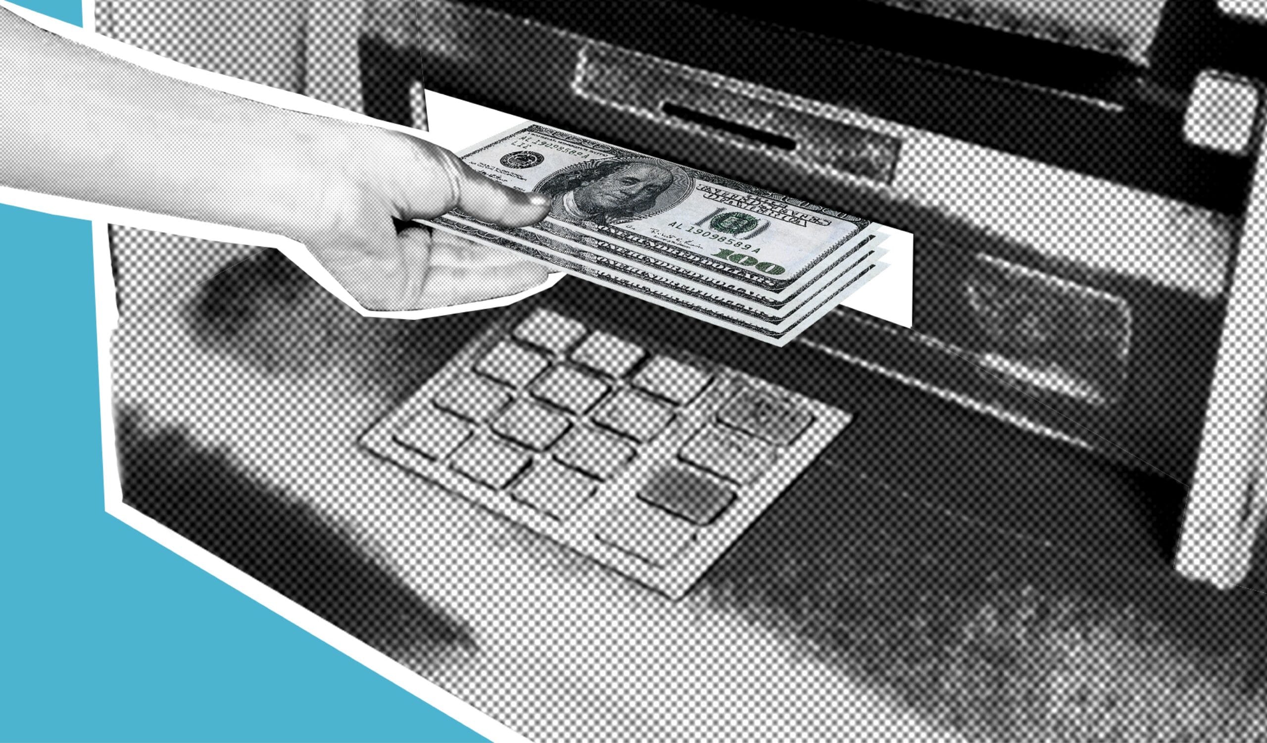 A person at a cash machine, hand on the keypad, taking out banknotes
