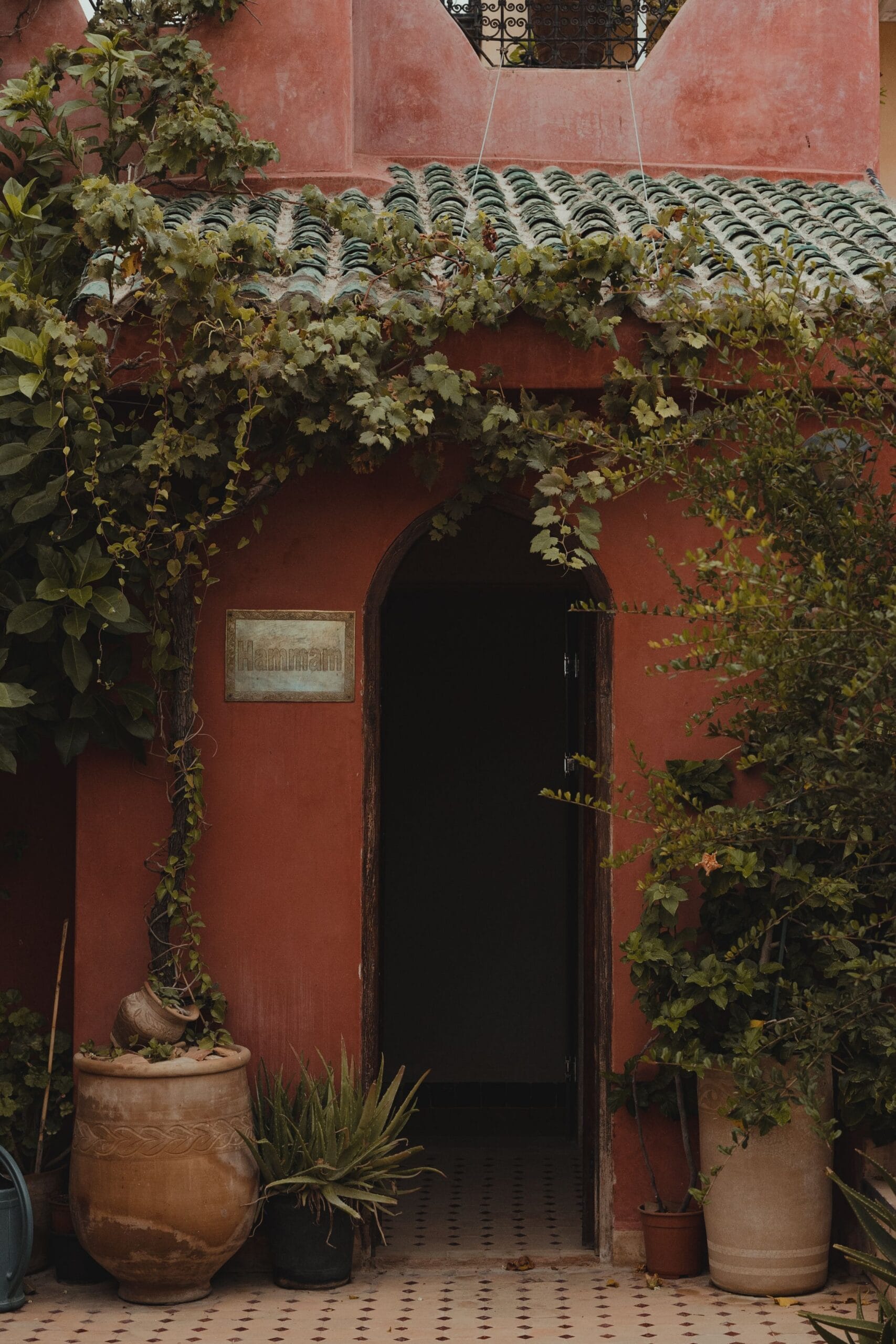 A riad doorway in Marrakech with a hammam sign, terracotta walls, vines over the entrance and zellige floor tiles