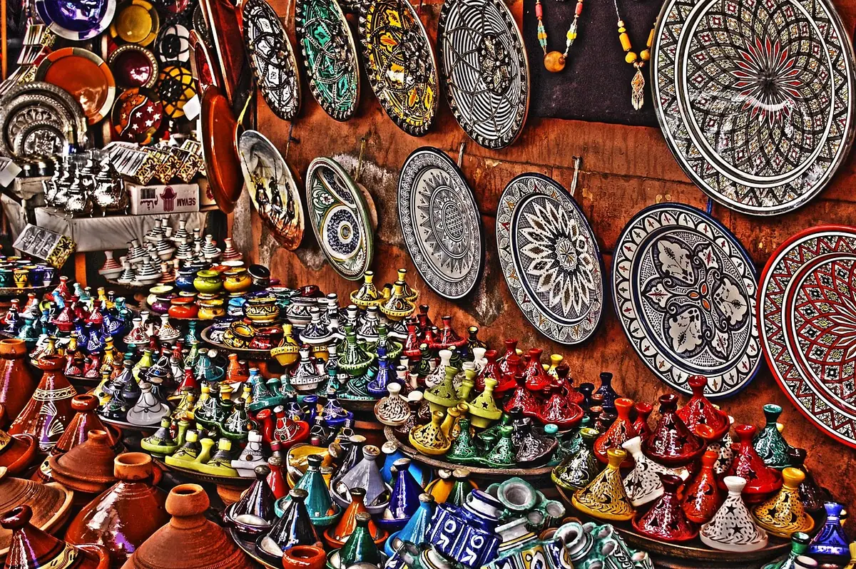 Ceramics and traditional wares on a Marrakech souk stall, where haggling is expected