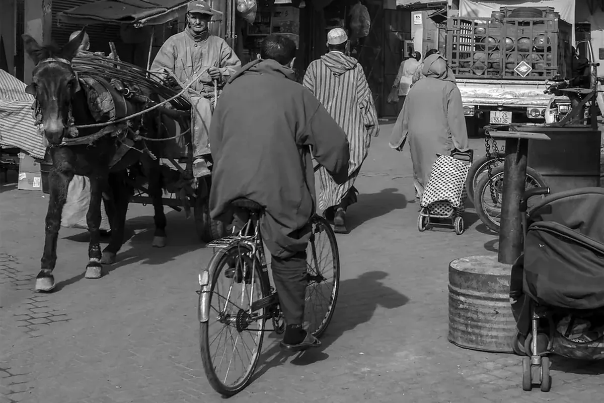 An ordinary Marrakech street on a weekday morning: a cart, a bicycle, people going to work. The realistic texture of a Moroccan city, rather than the version that appears in safety warnings
