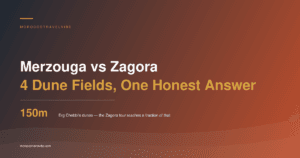 Merzouga vs Zagora: Erg Chebbi's 150-metre dunes against the small dune fields a 2-day Zagora tour reaches