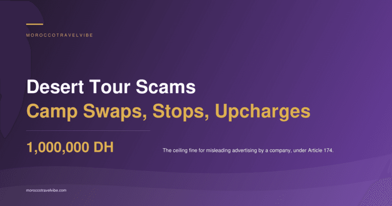 Morocco desert tour scams: the camp swap is misleading advertising under Loi 31-08, and Article 174 fines run to a million dirhams