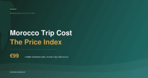 Morocco Trip Cost: The Price Index cover card showing EUR 99, the median advertised price for a shared three-day Sahara tour