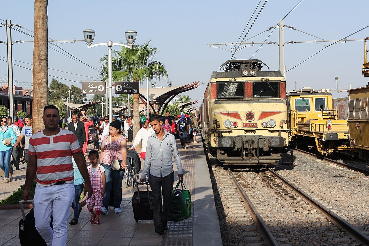 The platform and station building at Marrakech, the southern terminus of Morocco's classic rail network