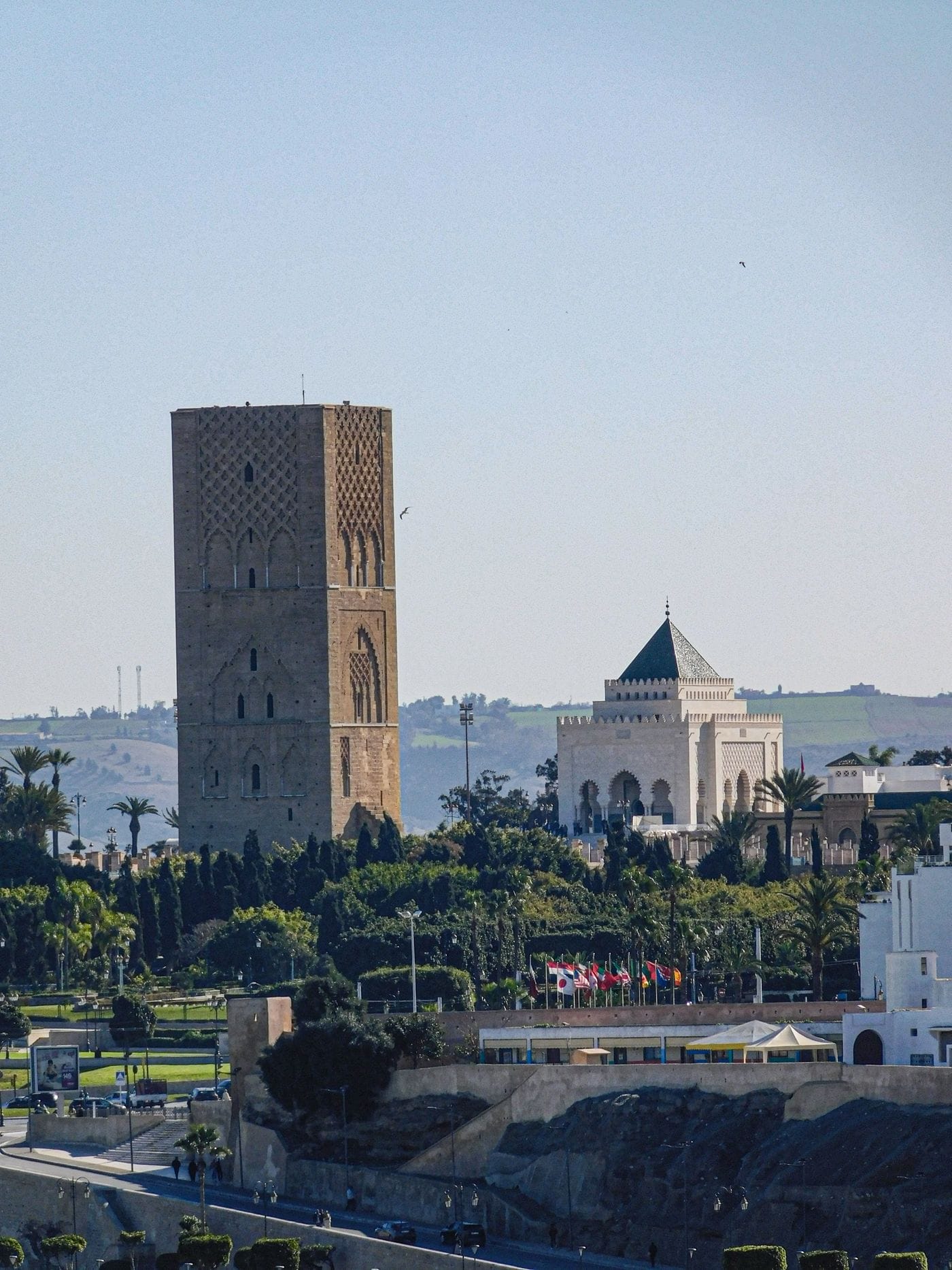The stone columns of the Hassan Tower esplanade and the Mausoleum of Mohammed V in Rabat, Morocco