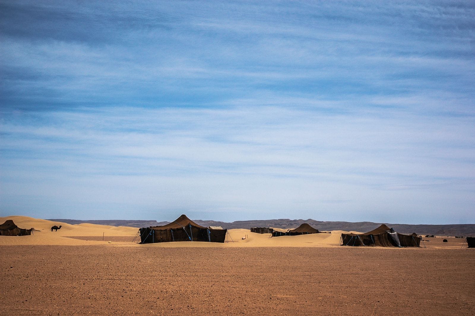 Black Berber tents on the flatter dunes near Zagora, the desert the cheaper tours reach