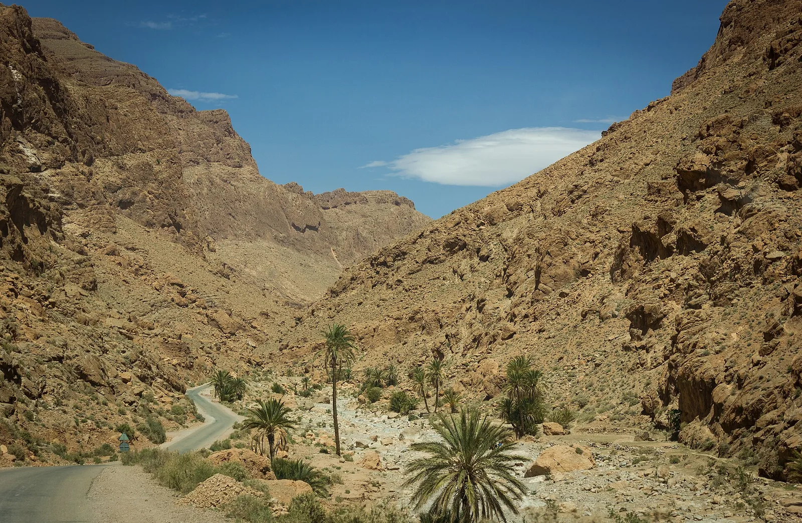 The road through the Todgha gorge between its rock walls, the day-two stop on a three-day Morocco desert tour